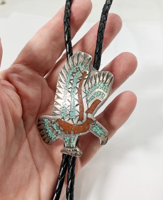 Signed William Singer Eagle Bolo with Turquoise a… - image 3