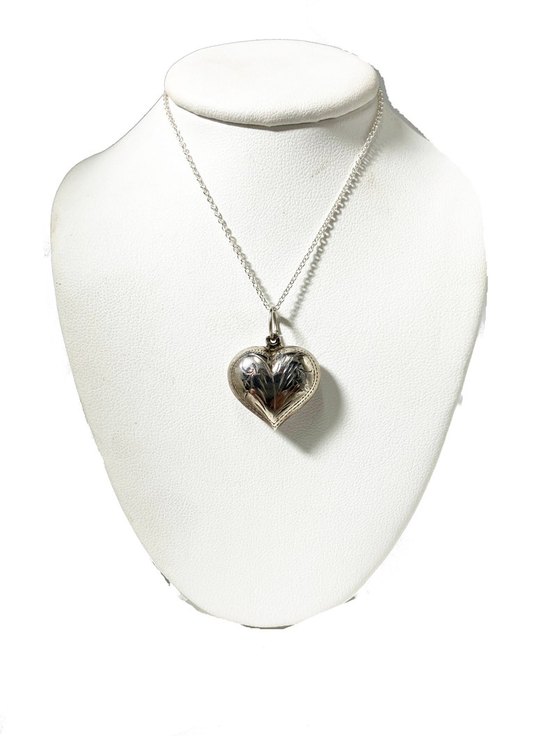 Puffed Engraved Heart Pendant Necklace in Sterling Silver vintage Heart