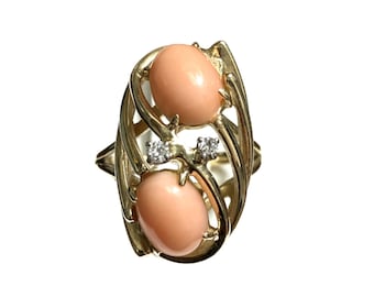 Vintage 14K Gold Angel Skin Coral Diamond Ring - Size 7