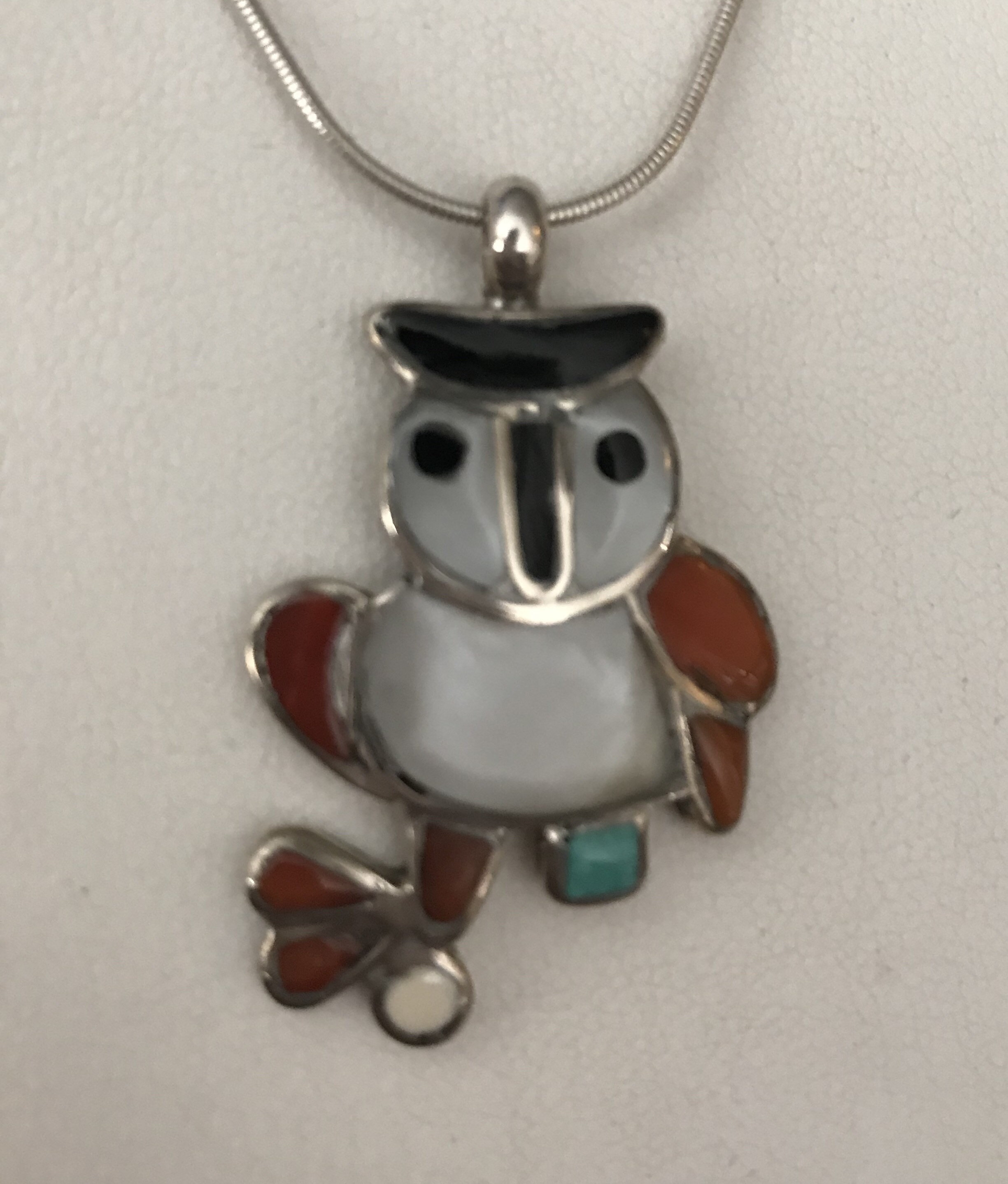 Zuni owl inlayed pendant with coral turquoise mother of pearl Etsy