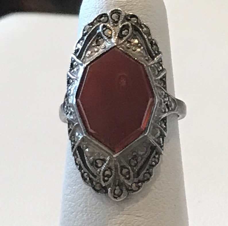 Antique ring with one octagonal carnelian and marcasite set in sterling silver