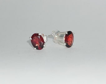 Garnet Stud Earrings - January Birthstone - Faceted Oval Stud Earrings - Sterling Silver - Red Post Earring - Minimalist Jewelry