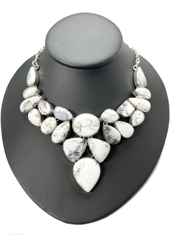 Dendritic White Jasper and Agate Bib Necklace in S