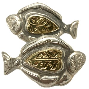 Halibut Fish Post Earrings: Sterling Silver & 18K Gold, Native American Art