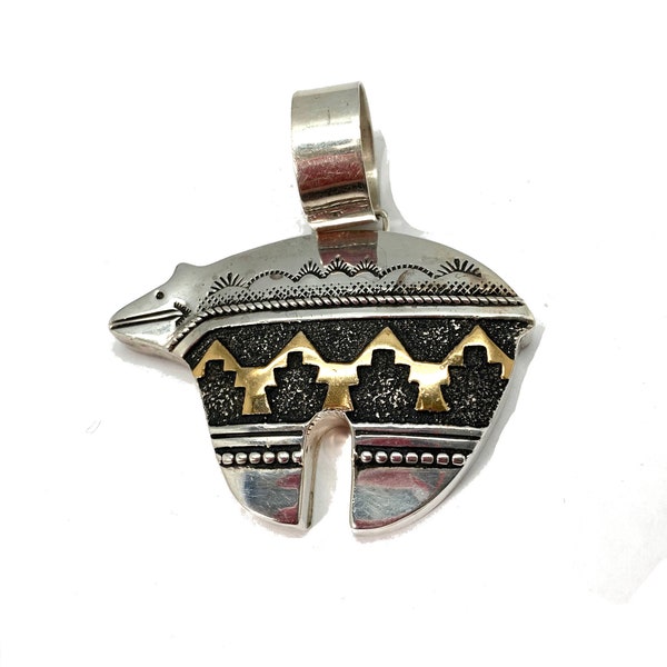 Thomas Singer Bear Pendant - Sterling Silver and Gold Filled - Native American Jewelry - Southwestern - Signed Navajo Pendant-Animal Jewelry