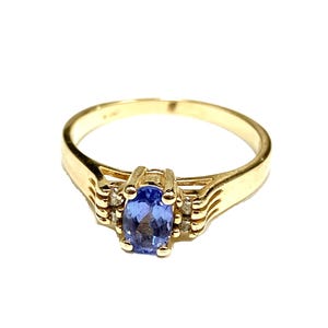 Vintage 14K Yellow Gold Oval Tanzanite and Diamond Ring - December Birthstone - Size 7 - Dainty