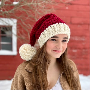 Rustic Santa hat, long chunky Christmas hat, large pom pom adult Santa Clause elf hat, Farmhouse style