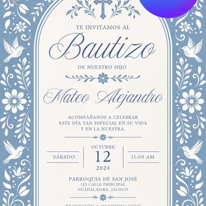 May include: A baptism invitation card featuring a light blue border with white floral and bird illustrations. The text reads: Te invitamos al Bautizo de nuestro hijo Mateo Alejandro, Sábado 12 de Octubre 2024, Parroquia de San José, Guadalajara.
