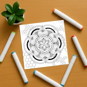May include: A black and white mandala coloring page with a floral design, surrounded by white markers with colored caps. A small potted plant sits in the upper left corner. The markers have blue, green, orange, and red caps.