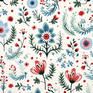 May include: A seamless pattern with stylised floral elements in red, blue, and green on a cream background. The design includes various flower shapes, leaves, and berries, creating a vibrant and decorative print.