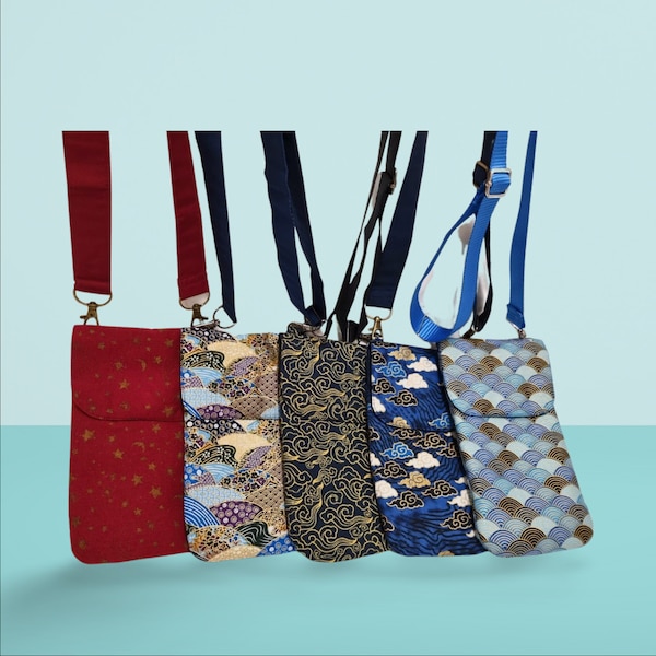 Handmade shoulder phone pouch, in Japanese fabrics, various patterns and colors, 100% cotton. Small, multi-use handbag.