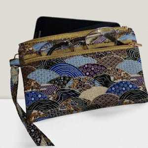 Bolsa para teléfono celular, bolsa de maquillaje, billetera, en algodón estampado japonés con dibujos de abanicos. Portadocumentos, portamonedas, multiusos