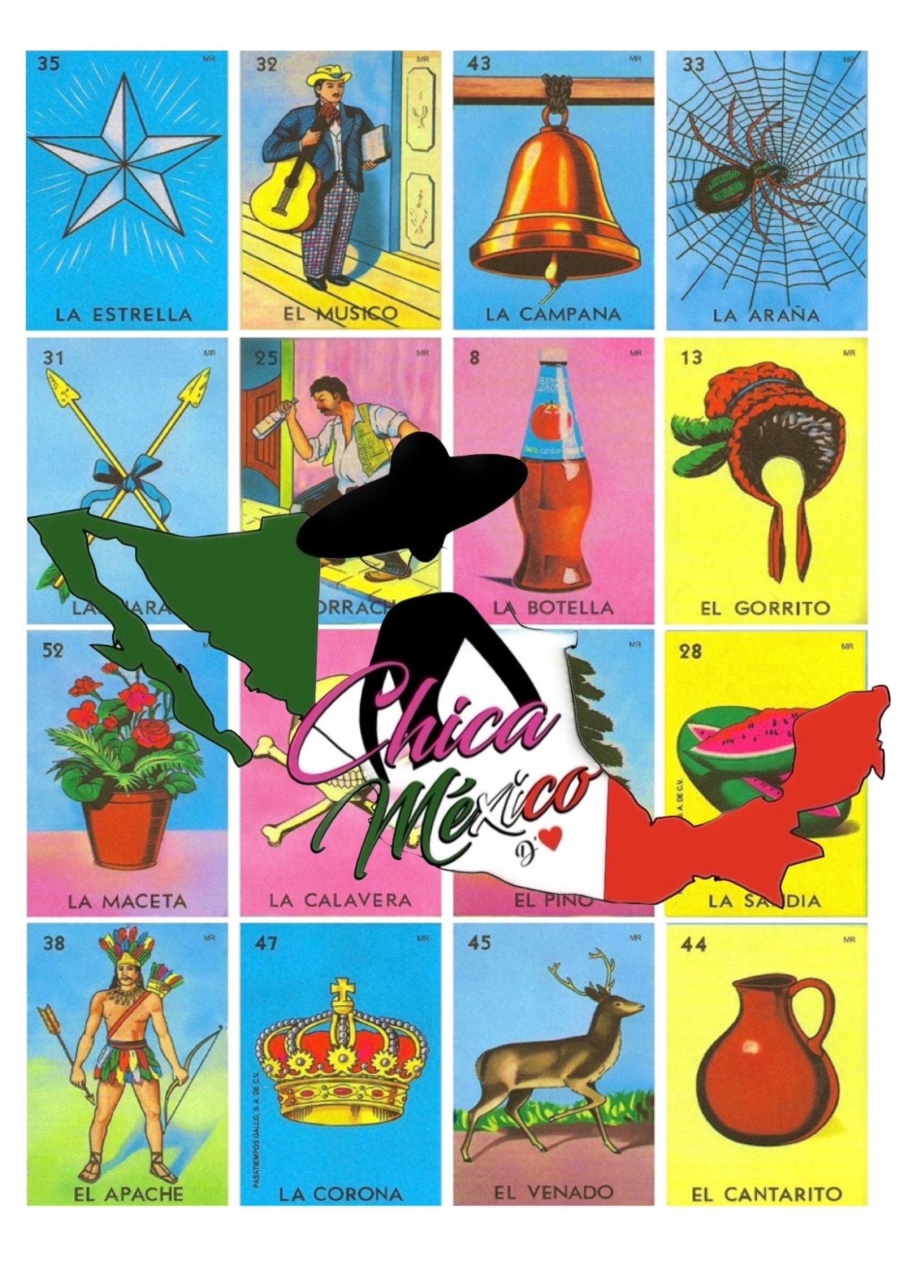 10 Mini Loteria Mexican Cards 5 Rows x 5 Columns 4 x 2 1/2 In Cartas De  Lotería