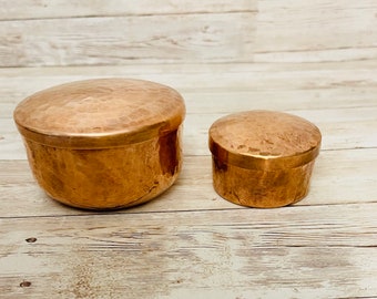 2x Mexican Copper  Jewelry Round Box Container 2 Alajeros De Cobre Mexicano