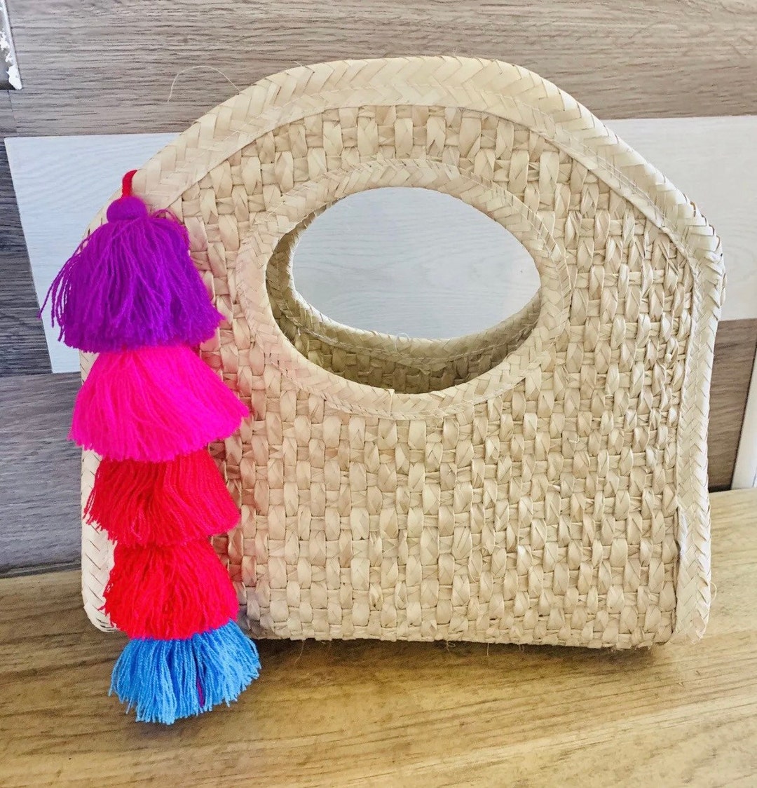 Sac à Main Cabas En Paille Vintage PALM LEAF MEXICO - Modèle Unique Jaune