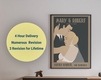 May include: A black and white poster with a stylized illustration of a couple embracing. The poster has the text "MARY & ROBERT" and "BITTRY FESTEVE, se nacnce" in a vintage font.