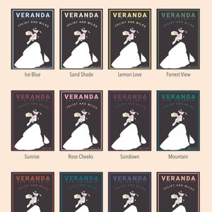 Peut inclure: Une conception graphique pr&eacute;sentant 12 options de couleurs diff&eacute;rentes pour le texte. Le texte indique "VERANDA SAN ANTONIO JULIET AND MILES". Les couleurs sont&nbsp;: bleu glacier, sable, amour citron, vue de la for&ecirc;t, lever de soleil, joues roses, coucher de soleil, montagne, prune orange, vague oc&eacute;an, feuille violette et battement de c&oelig;ur.