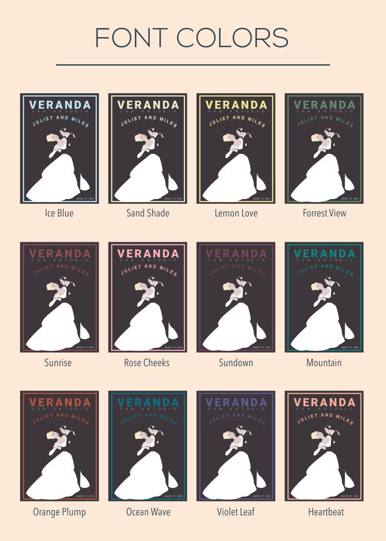 Peut inclure: Une conception graphique pr&eacute;sentant 12 options de couleurs diff&eacute;rentes pour le texte. Le texte indique "VERANDA SAN ANTONIO JULIET AND MILES". Les couleurs sont&nbsp;: bleu glacier, sable, amour citron, vue de la for&ecirc;t, lever de soleil, joues roses, coucher de soleil, montagne, prune orange, vague oc&eacute;an, feuille violette et battement de c&oelig;ur.