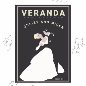 Peut inclure: Une invitation de mariage en noir et blanc avec un design vintage. L'invitation repr&eacute;sente un couple dansant devant un b&acirc;timent avec le texte "VERANDA SAN ANTONIO JULIET AND MILES" et la date "AUGUST 31 2021".