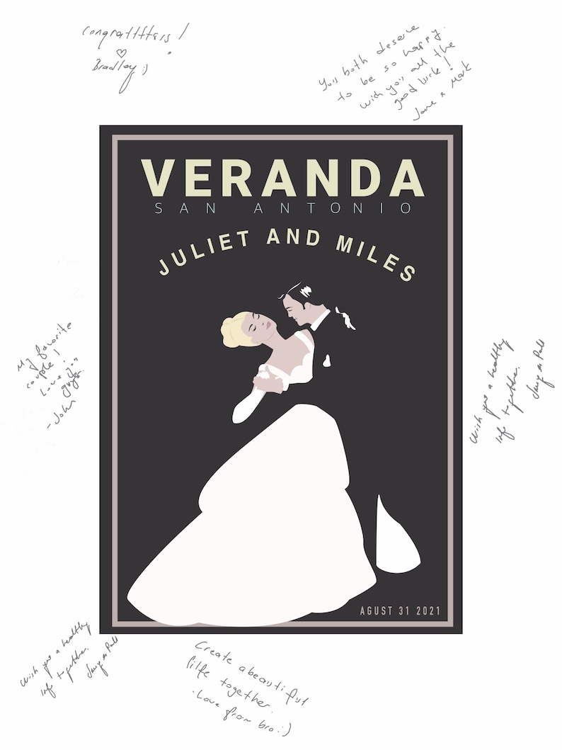 Peut inclure: Une invitation de mariage en noir et blanc avec un design vintage. L'invitation repr&eacute;sente un couple dansant devant un b&acirc;timent avec le texte "VERANDA SAN ANTONIO JULIET AND MILES" et la date "AUGUST 31 2021".
