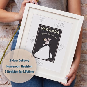 Peut inclure: Une impression encadr&eacute;e blanche avec une illustration en noir et blanc d'un couple dansant. L'impression porte le texte "VERANDA SAN ANTONIO JULIET AND MILES AUGUST 31, 2021" et est un livre d'or pour un mariage.