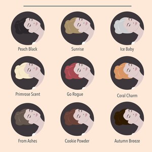 Peut inclure: Un tableau avec neuf illustrations de femmes aux couleurs de cheveux diff&eacute;rentes. Chaque illustration est dans un cercle avec le nom de la couleur de cheveux en dessous. Les couleurs de cheveux sont Noir P&ecirc;che, Lever de Soleil, B&eacute;b&eacute; Glace, Parfum de Primev&egrave;re, Aller en Rogue, Charme Corail, Des Cendres, Poudre de Biscuits et Brise d'Automne.