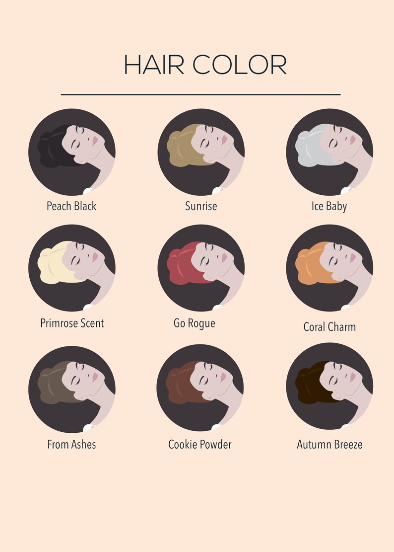 Peut inclure: Un tableau avec neuf illustrations de femmes aux couleurs de cheveux diff&eacute;rentes. Chaque illustration est dans un cercle avec le nom de la couleur de cheveux en dessous. Les couleurs de cheveux sont Noir P&ecirc;che, Lever de Soleil, B&eacute;b&eacute; Glace, Parfum de Primev&egrave;re, Aller en Rogue, Charme Corail, Des Cendres, Poudre de Biscuits et Brise d'Automne.