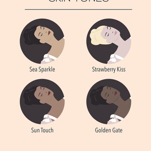 Peut inclure: Illustration de quatre teintes de peau diff&eacute;rentes, &eacute;tiquet&eacute;es "Sea Sparkle", "Strawberry Kiss", "Sun Touch" et "Golden Gate".