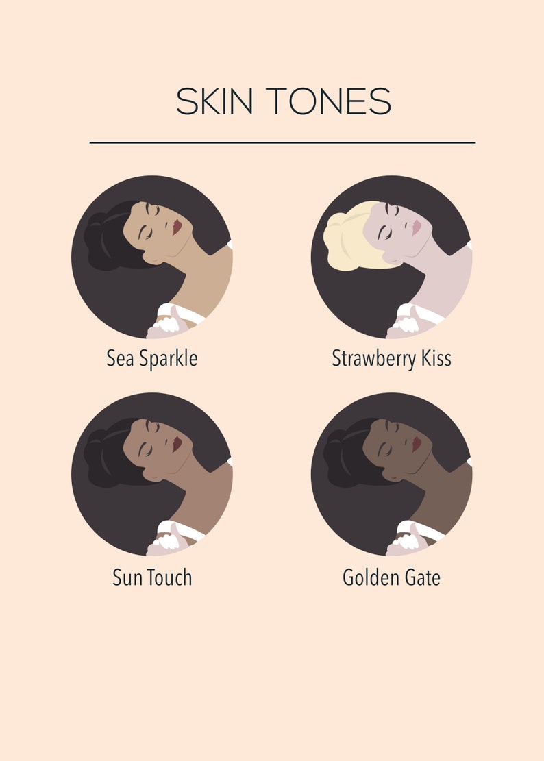 Peut inclure: Illustration de quatre teintes de peau diff&eacute;rentes, &eacute;tiquet&eacute;es "Sea Sparkle", "Strawberry Kiss", "Sun Touch" et "Golden Gate".
