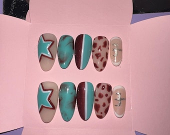 Western Brown & Teal Press On Nails