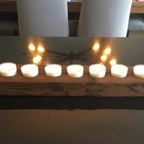 Is Reversible Solid Hardwood Long candle holder Holds 7 tea lights Great Mother\u2019s Day gift. With beautiful curved bevels
