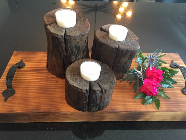 Rustic Log Candle Holders Centerpiece Trio Natural wood Etsy