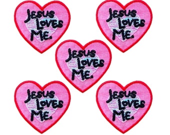 Jesus Loves Me Heart Iron On Patch (5-Pack) - Religious Iron On Applique - FREE SHIPPING