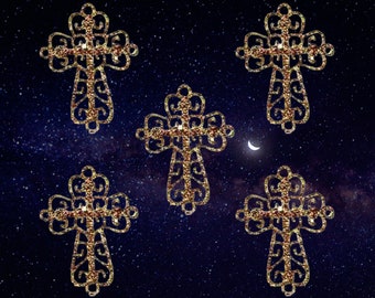 Gold Cross Patches (5-Pack) Religious Embroidered Iron On Patch Applique