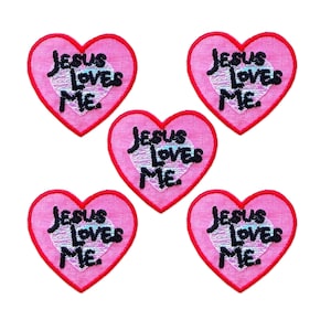 Strykmärke med hjärta "Jesus älskar mig" (5-pack) - Religiös strykapplikation - FRI FRAKT