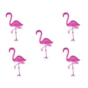 May include: Five identical embroidered flamingo patches arranged in a pattern. Each flamingo is bright pink with a textured surface, depicted standing on one leg with its long neck curved downward, showcasing detailed stitching and vibrant color.