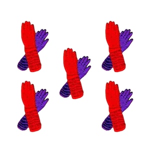 May include: Five red and purple fabric patches shaped like crossed hands. The patches are approximately 1 inch in size.