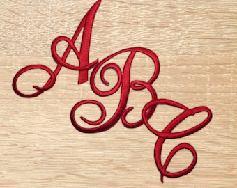 Parche bordado con letras monograma para planchar, letras iniciales cursivas en negro, rojo y blanco