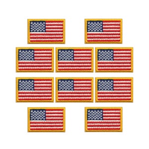 Gold Border American Flag 1&quot; Tall Iron On Patch Applique (10-Pack) - FREE SHIPPING