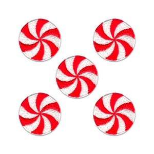 Peut inclure: Cinq patchs thermocollants en forme de bonbon en spirale rouge et blanc. Les patchs mesurent environ 5 cm de diamètre.