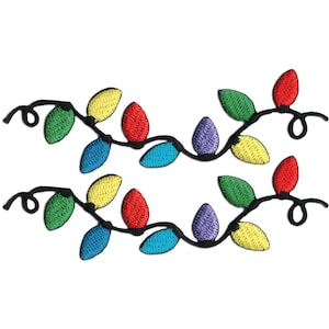 May include: Two embroidered strings of Christmas lights with colorful bulbs in red, yellow, blue, green, and purple. The lights are attached to a black wire with green leaves.