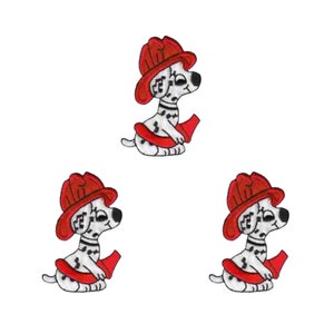 May include: Three identical embroidered patches featuring a white Dalmatian puppy with black spots, wearing a bright red firefighter helmet and holding a red fire hydrant. The design is rendered in a cartoon style with bold black outlines.