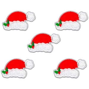 May include: Five identical embroidered patches, each shaped like a red Santa hat with a white fluffy trim and pom-pom. Each hat features a small green pine tree and two red berries on the left side, finished with a white stitched border.