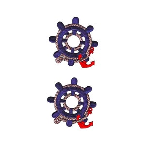 May include: Two identical embroidered patches featuring a dark blue ship wheel with a tan rope wrapped around the rim and a bright red anchor positioned behind the wheel. The design is circular with eight spokes extending from the center hub.