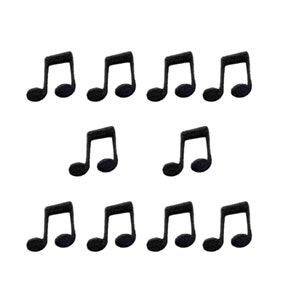 May include: A collection of ten individual black musical note patches arranged in three rows. Each patch features a standard beamed eighth note design with a textured, embroidered appearance, uniform in size and color throughout the set.