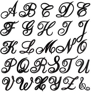 Remendos de letras cursivas, remendo de ferro bordado com letras - letras iniciais cursivas pretas, vermelhas e brancas