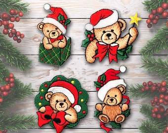 Christmas Bear Patches (4-Pack) Christmas Embroidered Iron On Patch