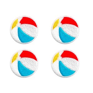May include: Four circular embroidered patches, each featuring a beach ball design with segmented panels in bright red, white, yellow, and light blue. The patches have a stitched border and a textured thread finish throughout the circular shape.