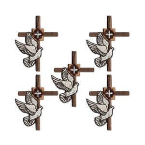May include: Set of five brown wooden crosses with white doves and a small cross in the center of each cross.