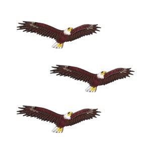 May include: Three embroidered patches, each depicting a bald eagle in flight with wings fully extended. The eagles feature dark brown wings, white heads, yellow beaks, and white tail feathers with yellow accents, rendered in detailed thread work.